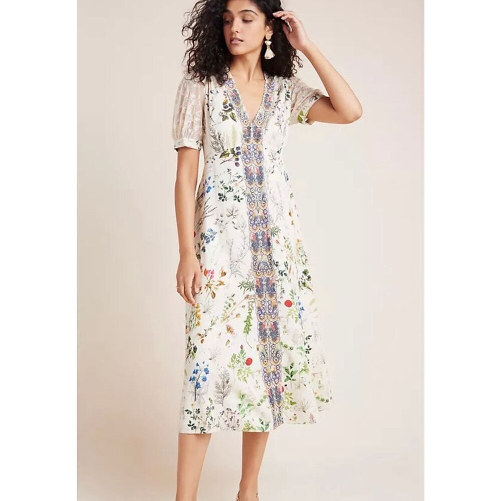 Anthropologie Gesha Designs Donna floral puff sleeve lace midi dress small - Picture 1 of 11